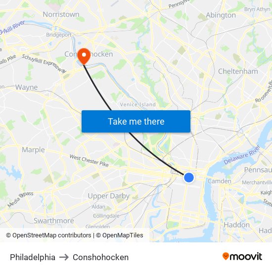 Philadelphia to Conshohocken map