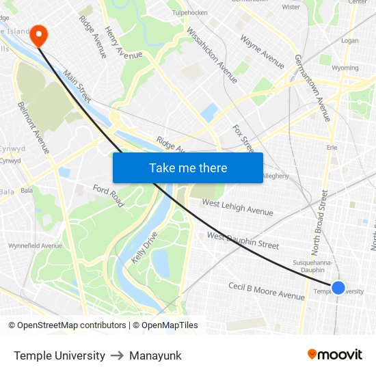 Temple University to Manayunk map