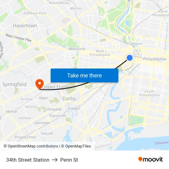 34th Street Station to Penn St map