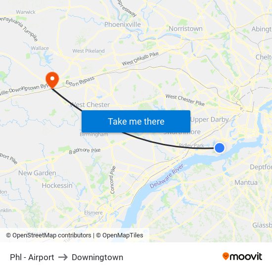 Phl - Airport to Downingtown map