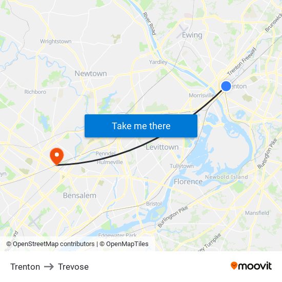 Trenton to Trevose map