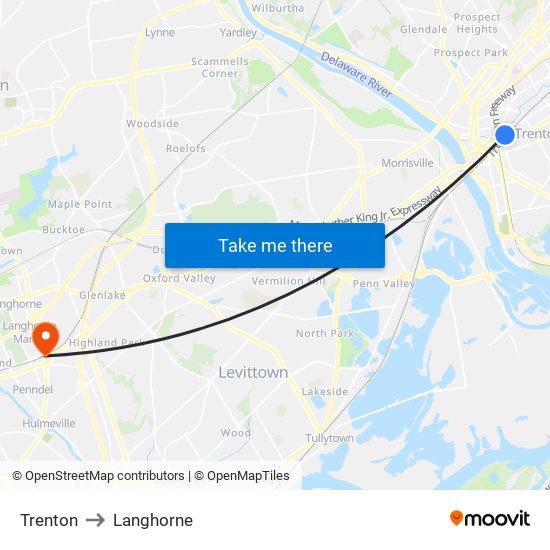 Trenton to Langhorne map