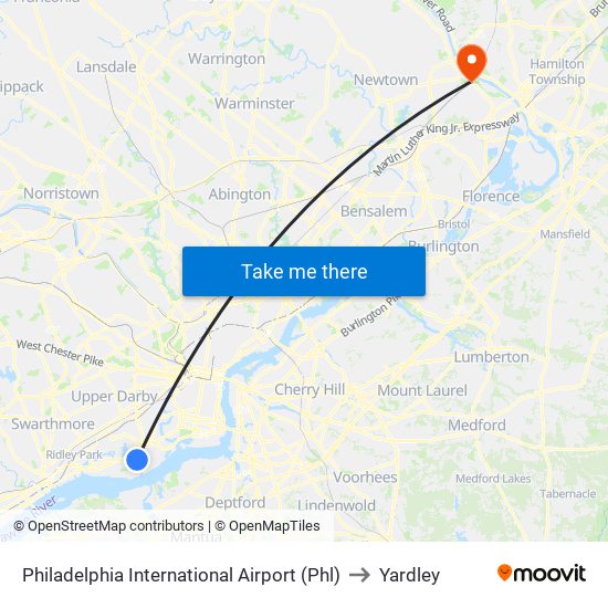 Philadelphia International Airport (Phl) to Yardley map