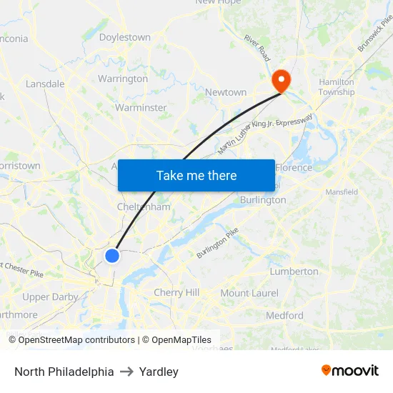 North Philadelphia to Yardley map