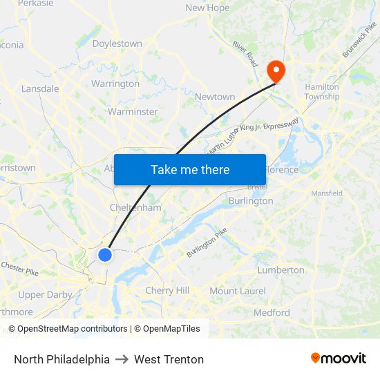 North Philadelphia to West Trenton map