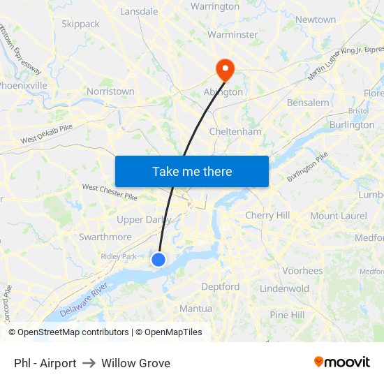 Phl - Airport to Willow Grove map