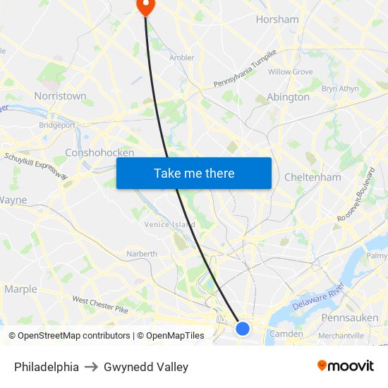 Philadelphia to Gwynedd Valley map