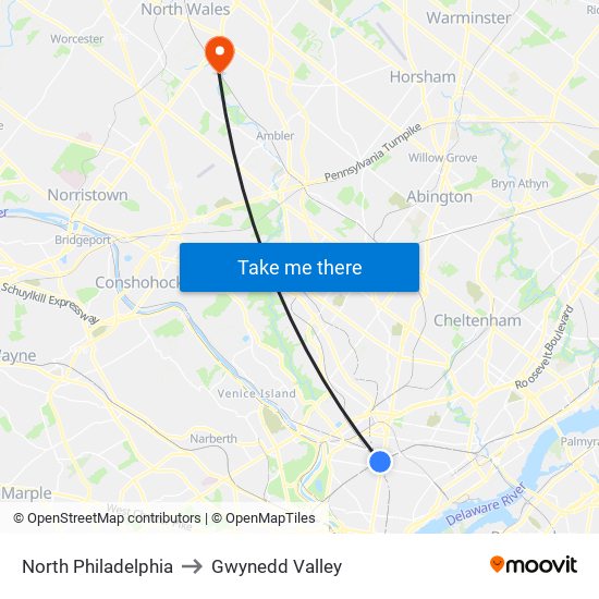 North Philadelphia to Gwynedd Valley map
