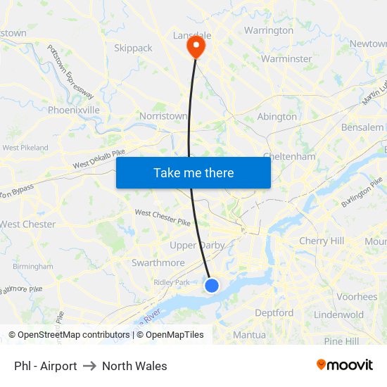 Phl - Airport to North Wales map