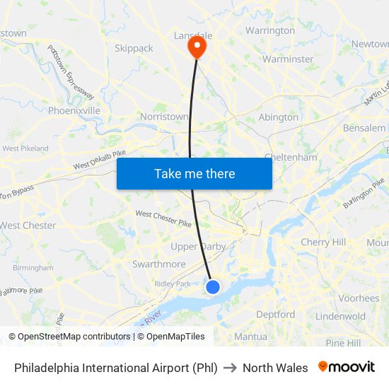 Philadelphia International Airport (Phl) to North Wales map