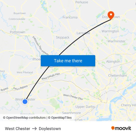 West Chester to Doylestown map