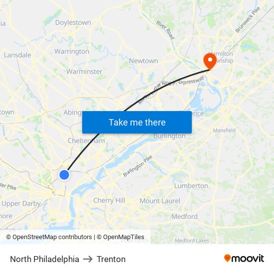 North Philadelphia to Trenton map
