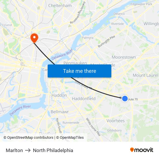 Marlton to North Philadelphia map