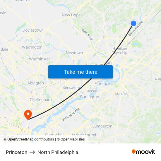 Princeton to North Philadelphia map