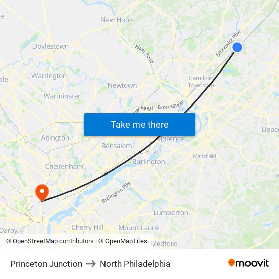 Princeton Junction to North Philadelphia map