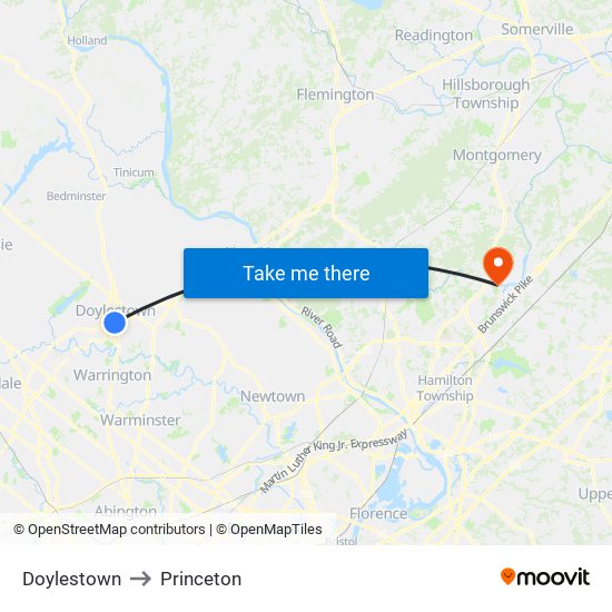 Doylestown to Princeton map