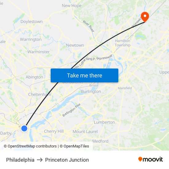 Philadelphia to Princeton Junction map