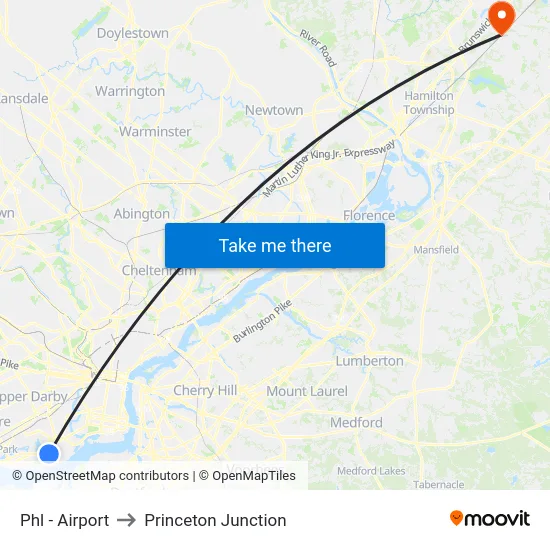Phl - Airport to Princeton Junction map