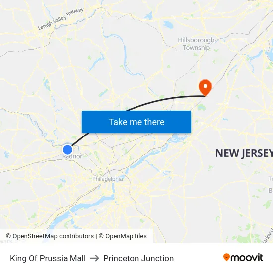 King Of Prussia Mall to Princeton Junction map