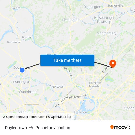 Doylestown to Princeton Junction map