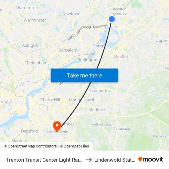 Trenton Transit Center Light Rail Sta to Lindenwold Station map