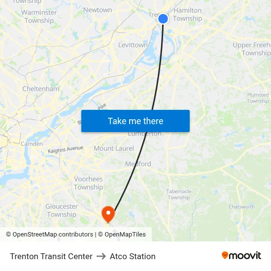 Trenton Transit Center to Atco Station map
