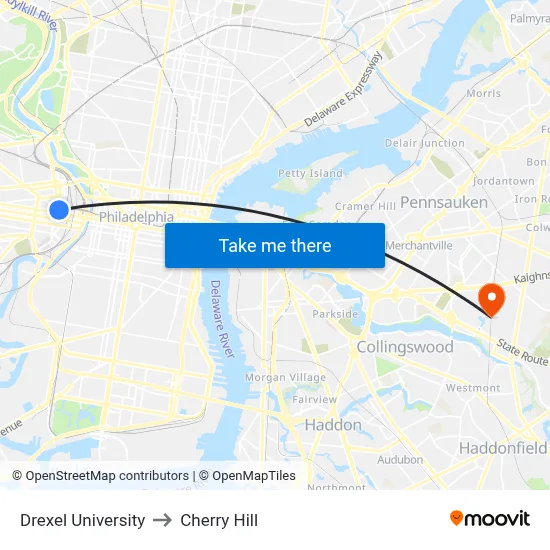 Drexel University to Cherry Hill map