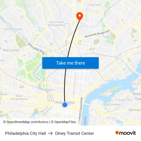 Philadelphia City Hall to Olney Transit Center map