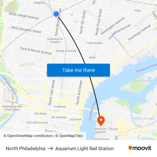 North Philadelphia to Aquarium Light Rail Station map