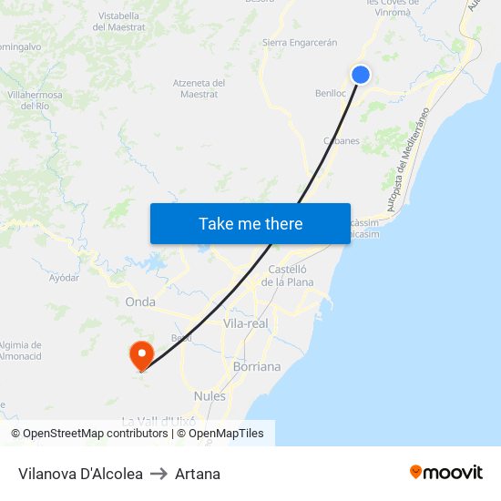 Vilanova D'Alcolea to Artana map