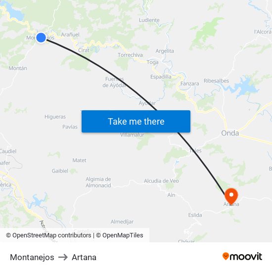 Montanejos to Artana map