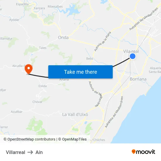 Villarreal to Aín map