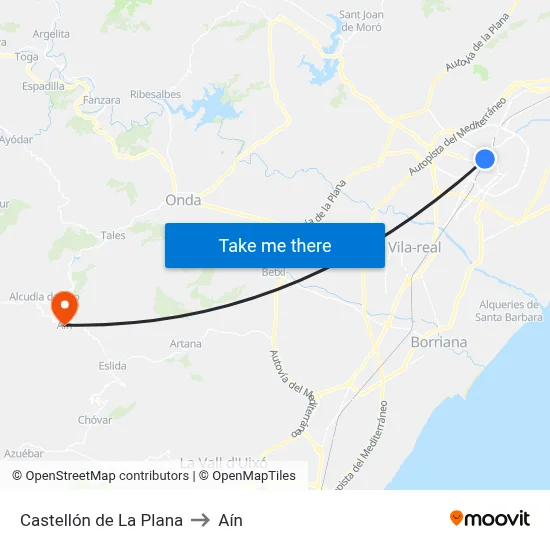 Castellón de La Plana to Aín map