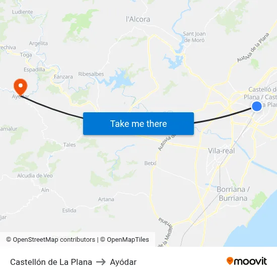 Castellón de La Plana to Ayódar map