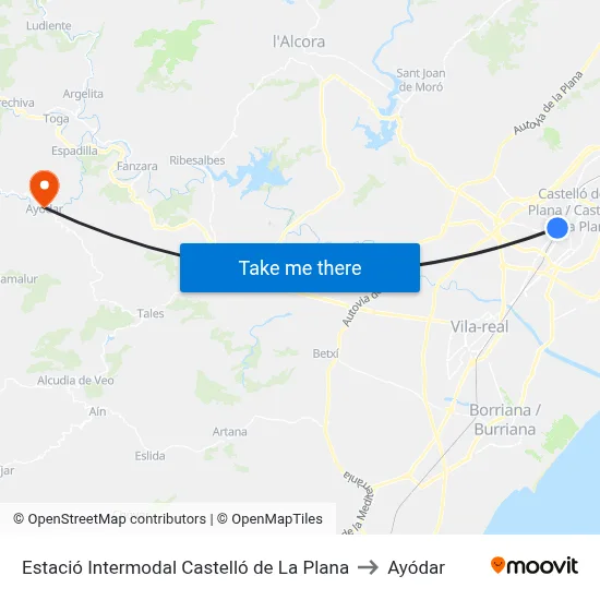 Estació Intermodal Castelló de La Plana to Ayódar map