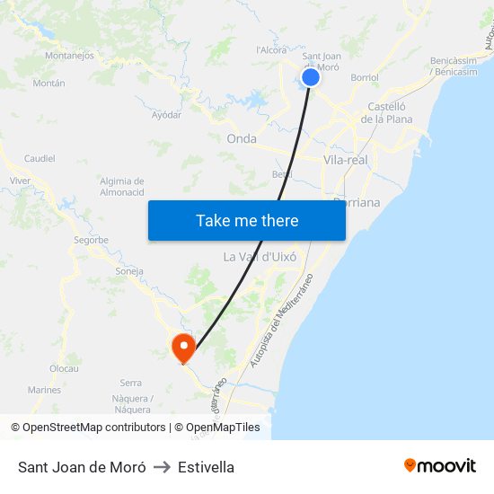 Sant Joan de Moró to Estivella map