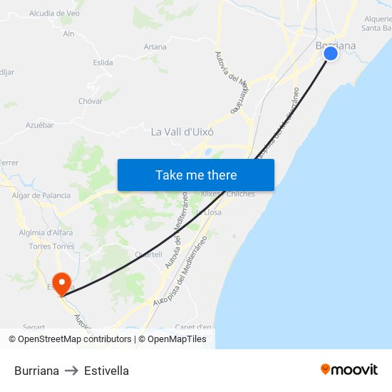 Burriana to Estivella map