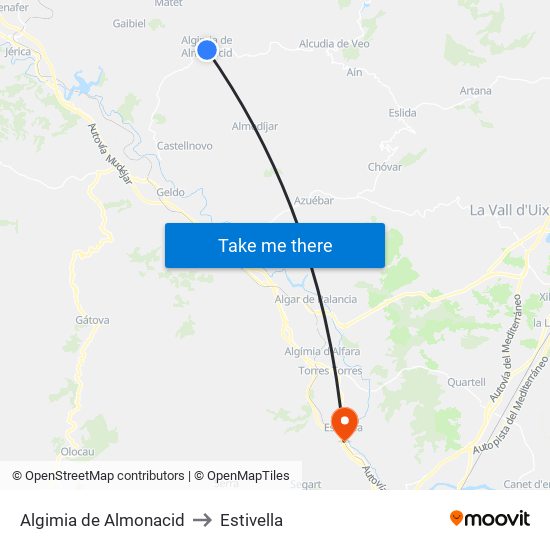 Algimia de Almonacid to Estivella map