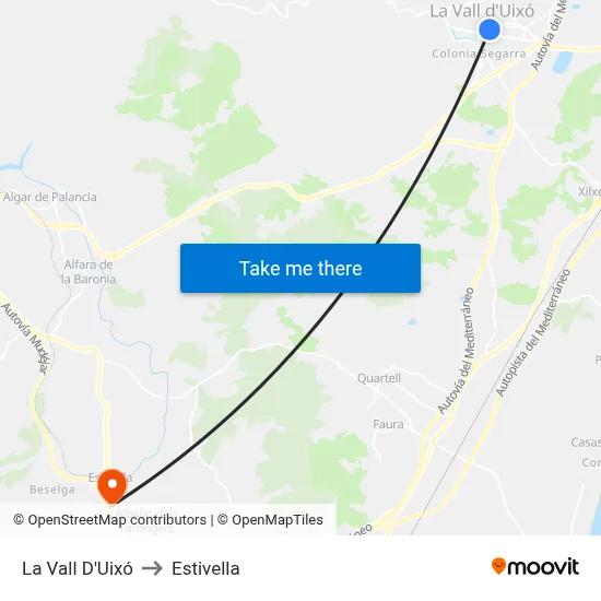La Vall D'Uixó to Estivella map