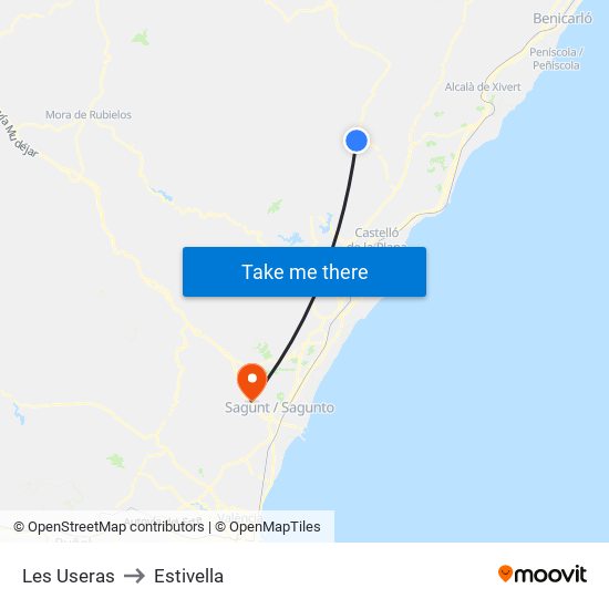 Les Useras to Estivella map