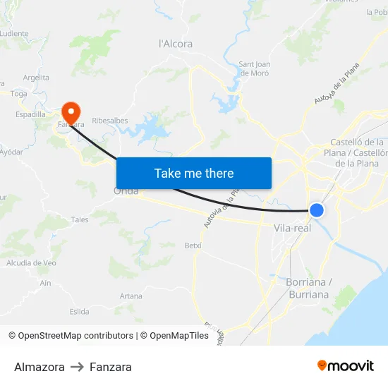 Almazora to Fanzara map