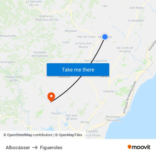 Albocàsser to Figueroles map