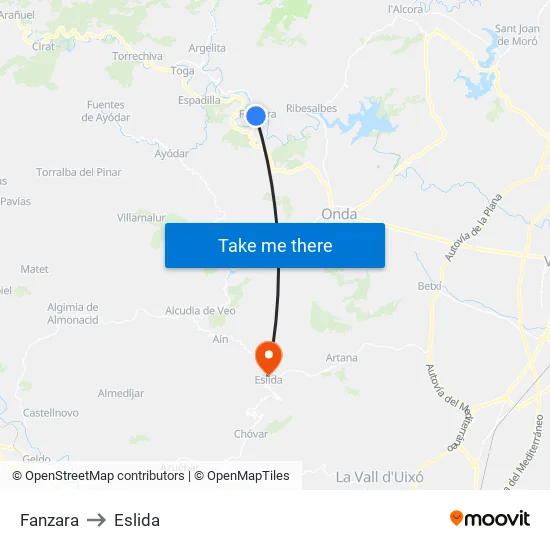 Fanzara to Eslida map