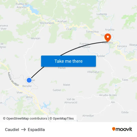 Caudiel to Espadilla map