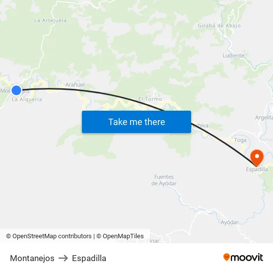 Montanejos to Espadilla map