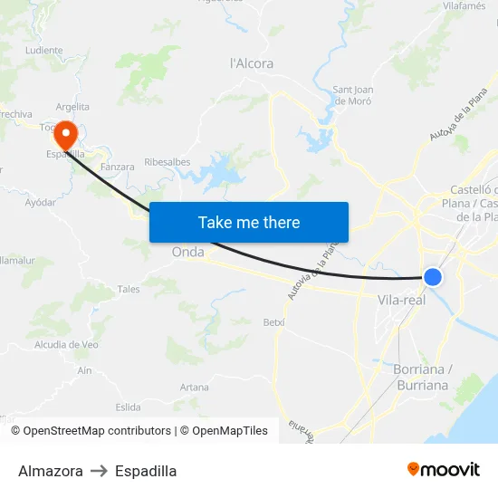 Almazora to Espadilla map