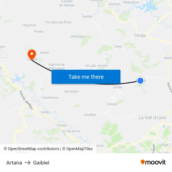Artana to Gaibiel map