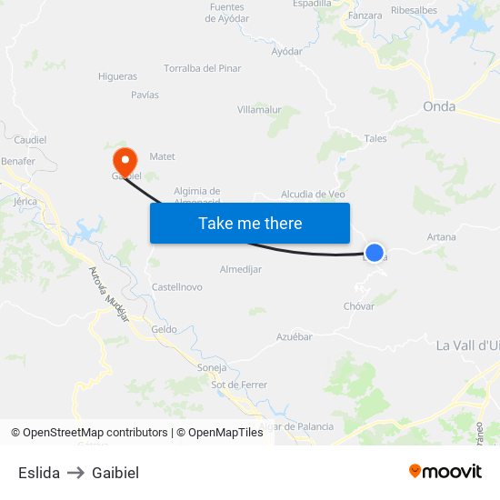 Eslida to Gaibiel map