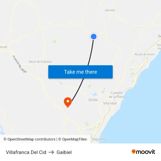 Villafranca Del Cid to Gaibiel map
