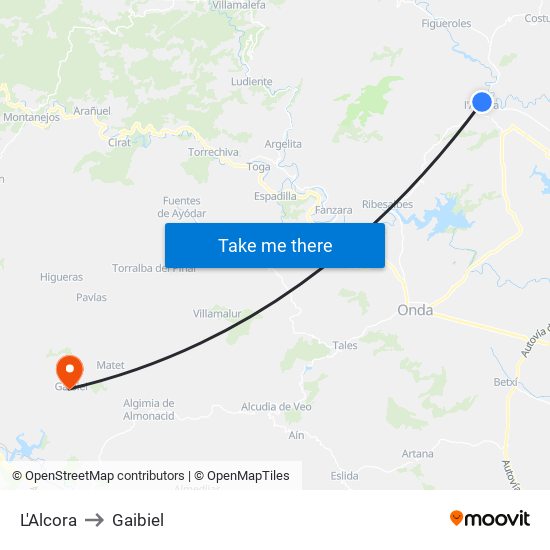 L'Alcora to Gaibiel map
